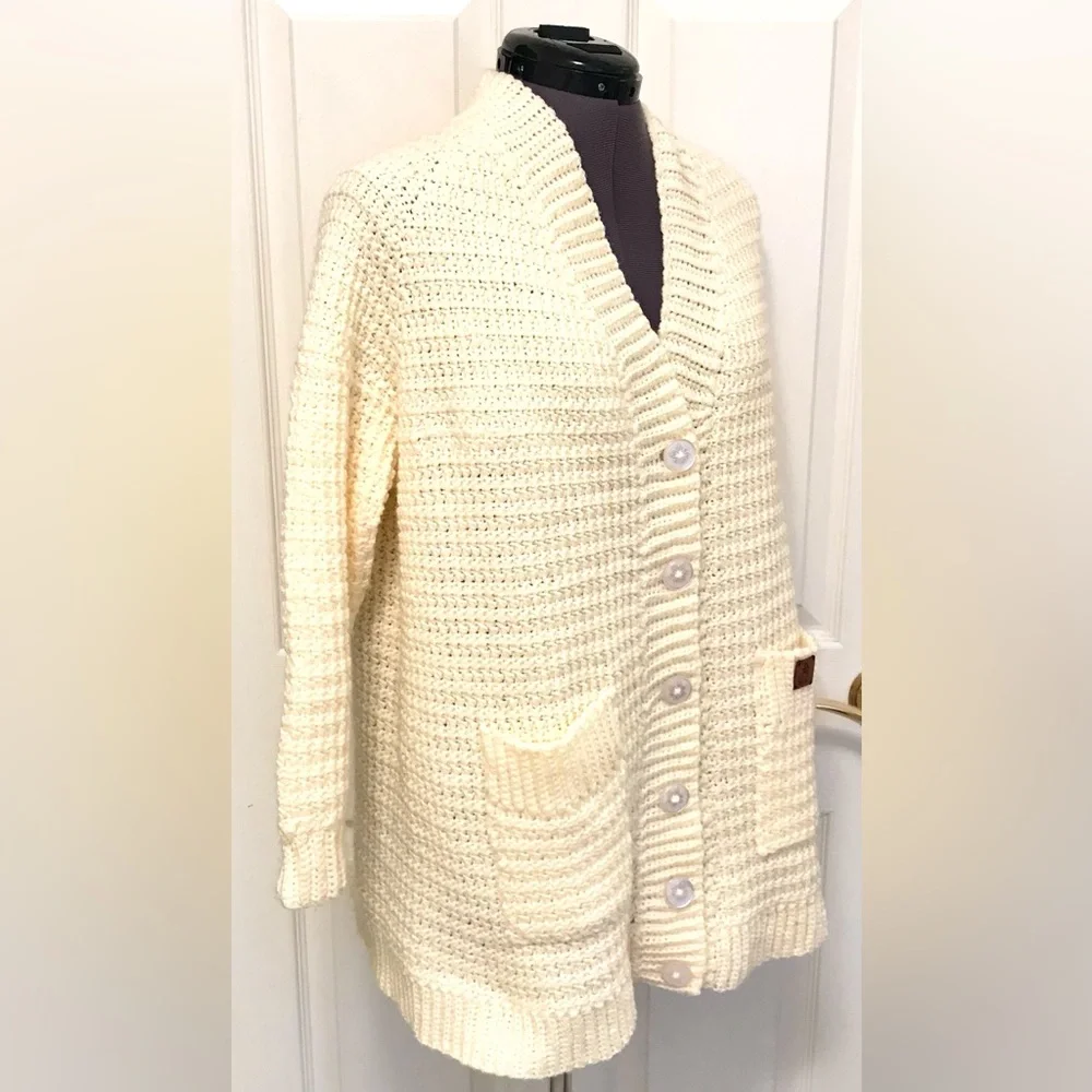 Hand-Made Crocheted Ivory Chunky Knit Cardigan Sweater